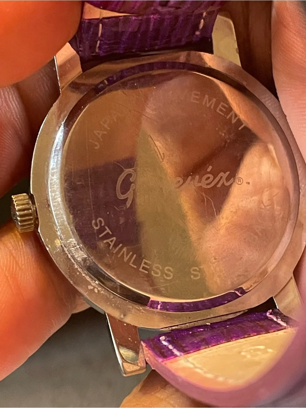 Genevèx Watch with Vibrant Purple Genuine Leather Band. Silver Tone
